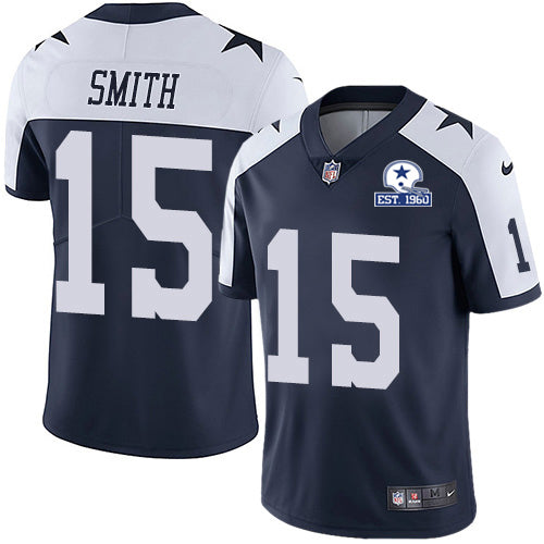 Custom Cowboys #15 Devin Smith Navy Blue Thanksgiving Men’s Stitched With Established In 1960 Patch NFL Vapor Untouchable Limited Throwback Jersey