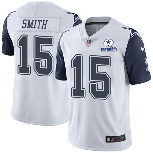 Custom Cowboys #15 Devin Smith White Men’s Stitched With Established In 1960 Patch NFL Limited Rush Jersey