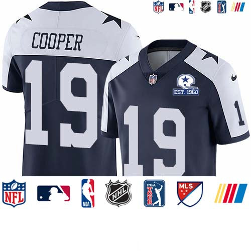 Custom Cowboys #19 Amari Cooper Navy Blue Thanksgiving Men’s Stitched With Established In 1960 Patch NFL Vapor Untouchable Limited Throwback Jersey