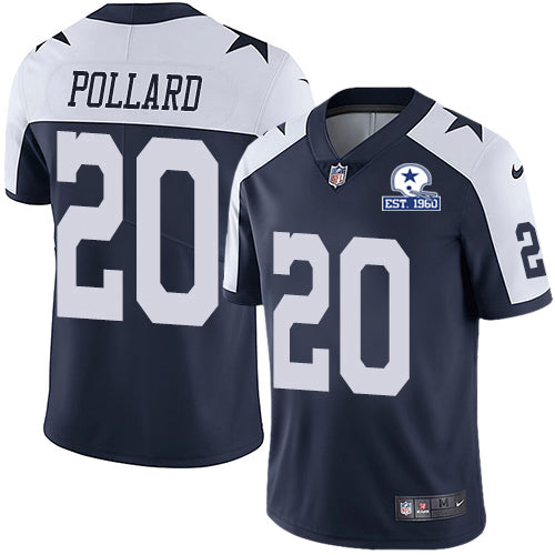 Custom Cowboys #20 Tony Pollard Navy Blue Thanksgiving Men’s Stitched With Established In 1960 Patch NFL Vapor Untouchable Limited Throwback Jersey
