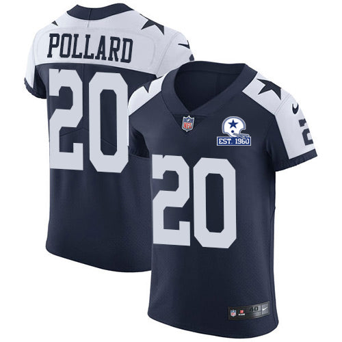 Custom Cowboys #20 Tony Pollard Navy Blue Thanksgiving Men’s Stitched With Established In 1960 Patch NFL Vapor Untouchable Throwback Elite Jersey