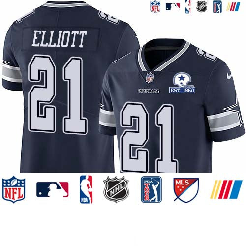 Custom Cowboys #21 Ezekiel Elliott Navy Blue Team Color Men’s Stitched With Established In 1960 Patch NFL Vapor Untouchable Limited Jersey