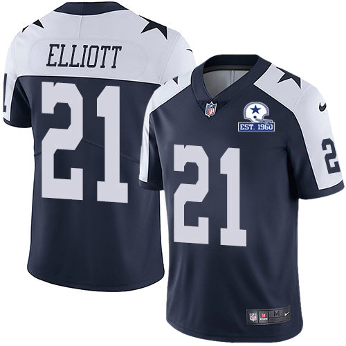 Custom Cowboys #21 Ezekiel Elliott Navy Blue Thanksgiving Men’s Stitched With Established In 1960 Patch NFL Vapor Untouchable Limited Throwback Jersey