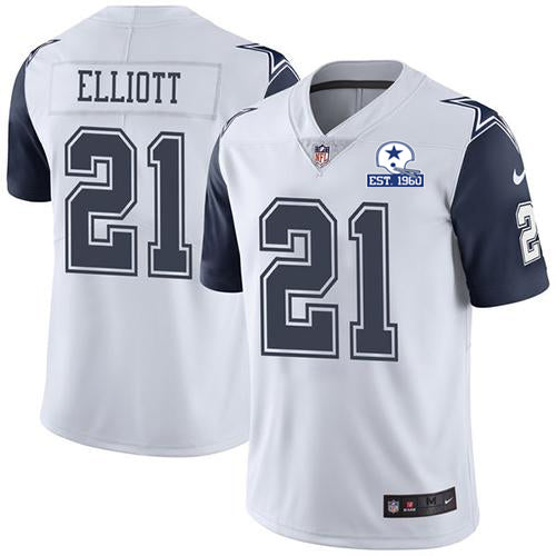 Custom Cowboys #21 Ezekiel Elliott White Men’s Stitched With Established In 1960 Patch NFL Limited Rush Jersey