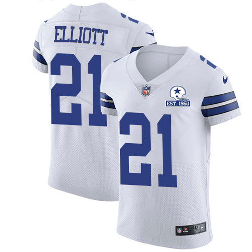 Custom Cowboys #21 Ezekiel Elliott White Men’s Stitched With Established In 1960 Patch NFL New Elite Jersey