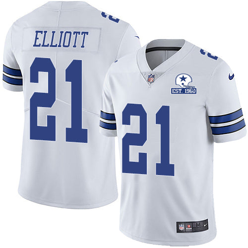 Custom Cowboys #21 Ezekiel Elliott White Men’s Stitched With Established In 1960 Patch NFL Vapor Untouchable Limited Jersey
