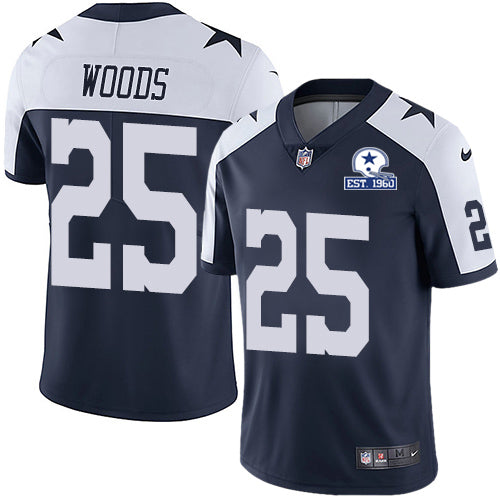 Custom Cowboys #25 Xavier Woods Navy Blue Thanksgiving Men’s Stitched With Established In 1960 Patch NFL Vapor Untouchable Limited Throwback Jersey