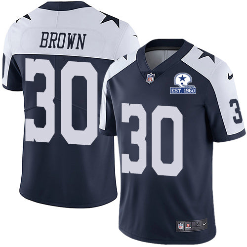 Custom Cowboys #30 Anthony Brown Navy Blue Thanksgiving Men’s Stitched With Established In 1960 Patch NFL Vapor Untouchable Limited Throwback Jersey