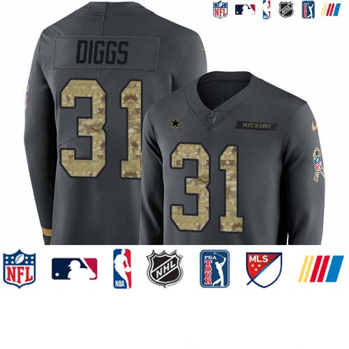 Custom Cowboys #31 Trevon Diggs Anthracite Salute to Service Men’s Stitched NFL Limited Therma Long Sleeve Jersey