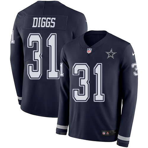 Custom Cowboys #31 Trevon Diggs Navy Blue Team Color Men’s Stitched NFL Limited Therma Long Sleeve Jersey