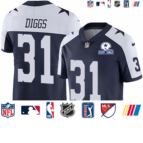 Custom Cowboys #31 Trevon Diggs Navy Blue Thanksgiving Men’s Stitched With Established In 1960 Patch NFL Vapor Untouchable Limited Throwback Jersey