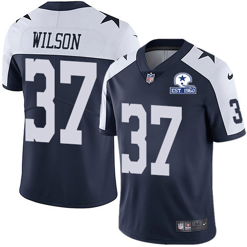 Custom Cowboys #37 Donovan Wilson Navy Blue Thanksgiving Men’s Stitched With Established In 1960 Patch NFL Vapor Untouchable Limited Throwback Jersey