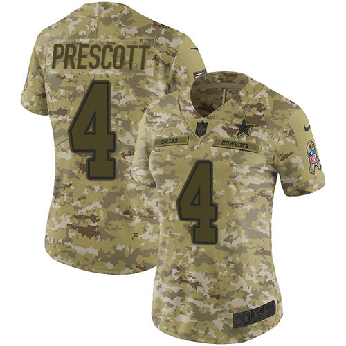 Custom Cowboys #4 Dak Prescott Camo Women’s Stitched NFL Limited 2018 Salute to Service Jersey