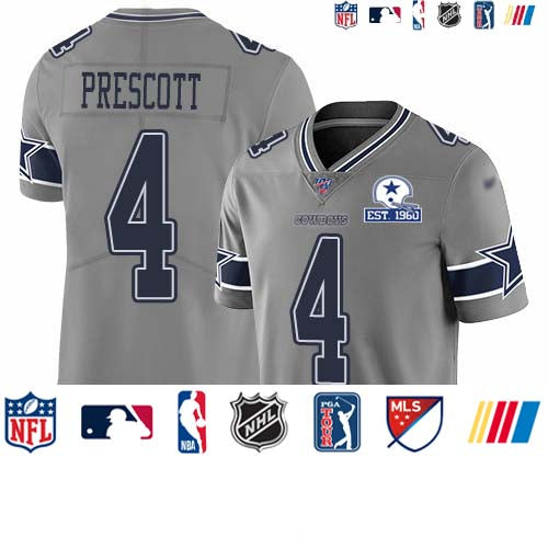 Custom Cowboys #4 Dak Prescott Gray Men’s Stitched With Established In 1960 Patch NFL Limited Inverted Legend 100th Season Jersey