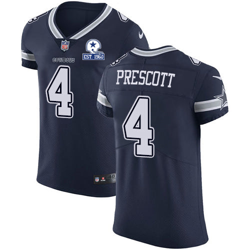 Custom Cowboys #4 Dak Prescott Navy Blue Team Color Men’s Stitched With Established In 1960 Patch NFL Vapor Untouchable Elite Jersey