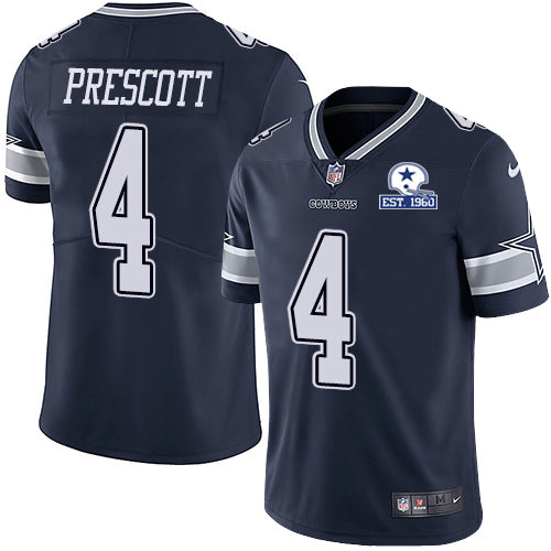 Custom Cowboys #4 Dak Prescott Navy Blue Team Color Men’s Stitched With Established In 1960 Patch NFL Vapor Untouchable Limited Jersey