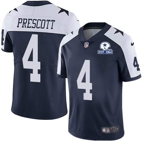 Custom Cowboys #4 Dak Prescott Navy Blue Thanksgiving Men’s Stitched With Established In 1960 Patch NFL Vapor Untouchable Limited Throwback Jersey