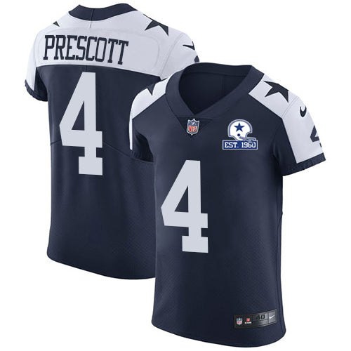 Custom Cowboys #4 Dak Prescott Navy Blue Thanksgiving Men’s Stitched With Established In 1960 Patch NFL Vapor Untouchable Throwback Elite Jersey