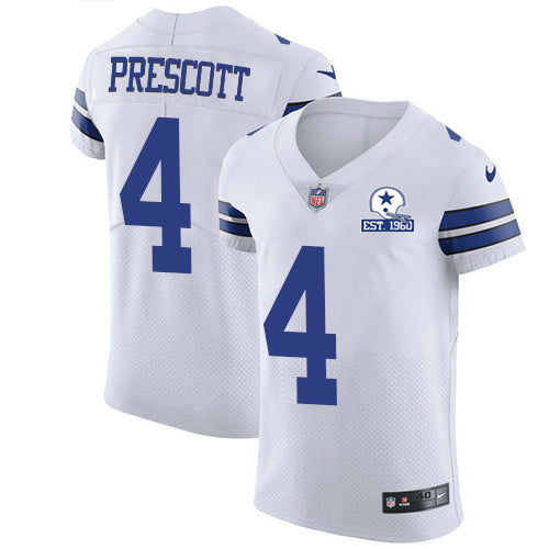 Custom Cowboys #4 Dak Prescott White Men’s Stitched With Established In 1960 Patch NFL New Elite Jersey