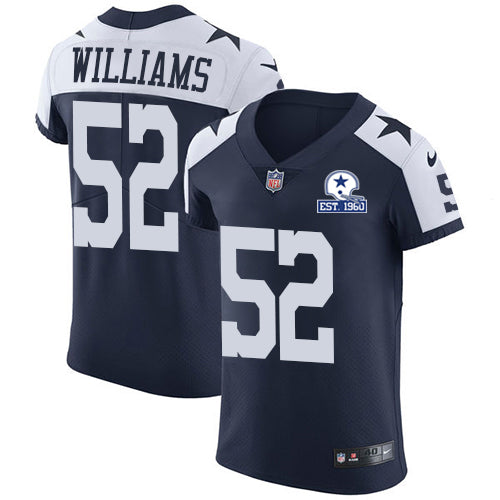 Custom Cowboys #52 Connor Williams Navy Blue Thanksgiving Men’s Stitched With Established In 1960 Patch NFL Vapor Untouchable Throwback Elite Jersey