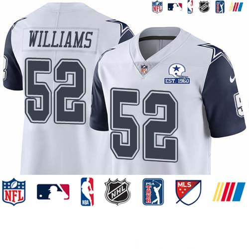 Custom Cowboys #52 Connor Williams White Men’s Stitched With Established In 1960 Patch NFL Limited Rush Jersey