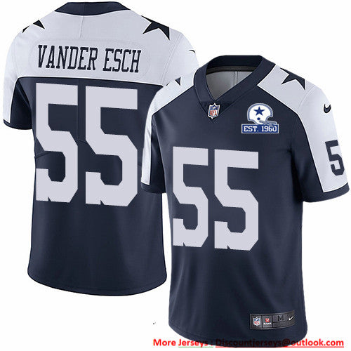 Custom Cowboys #55 Leighton Vander Esch Navy Blue Thanksgiving Men’s Stitched With Established In 1960 Patch NFL Vapor Untouchable Limited Throwback Jersey