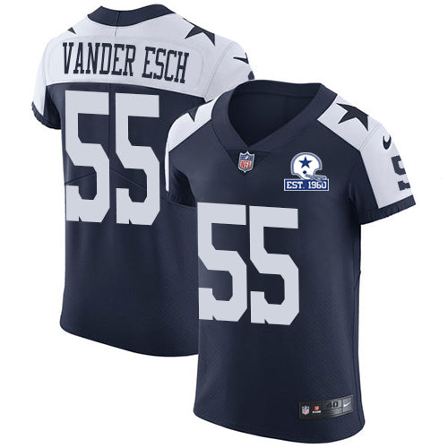 Custom Cowboys #55 Leighton Vander Esch Navy Blue Thanksgiving Men’s Stitched With Established In 1960 Patch NFL Vapor Untouchable Throwback Elite Jersey