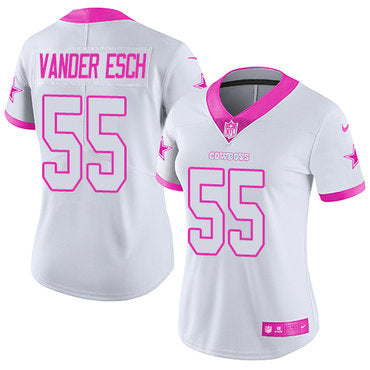 Custom Cowboys #55 Leighton Vander Esch White Pink Women’s Stitched NFL Limited Rush Fashion Jersey