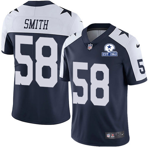 Custom Cowboys #58 Aldon Smith Navy Blue Thanksgiving Men’s Stitched With Established In 1960 Patch NFL Vapor Untouchable Limited Throwback Jersey