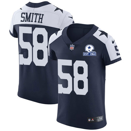 Custom Cowboys #58 Aldon Smith Navy Blue Thanksgiving Men’s Stitched With Established In 1960 Patch NFL Vapor Untouchable Throwback Elite Jersey