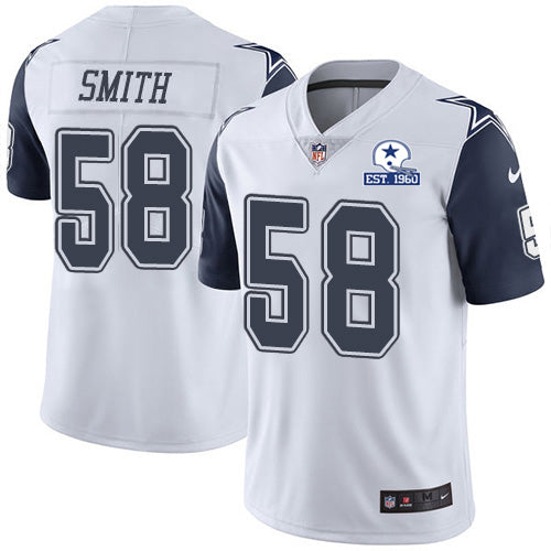Custom Cowboys #58 Aldon Smith White Men’s Stitched With Established In 1960 Patch NFL Limited Rush Jersey
