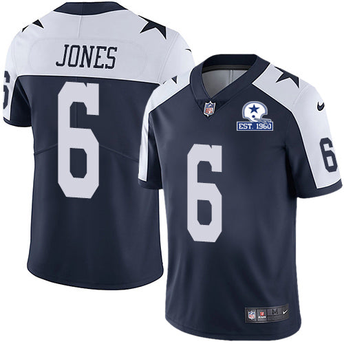 Custom Cowboys #6 Chris Jones Navy Blue Thanksgiving Men’s Stitched With Established In 1960 Patch NFL Vapor Untouchable Limited Throwback Jersey