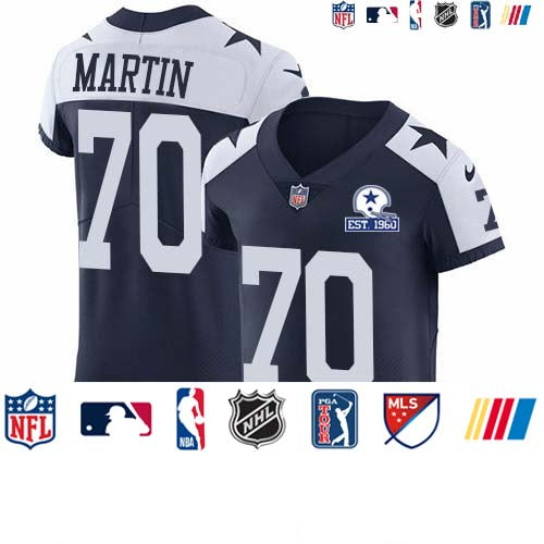 Custom Cowboys #70 Zack Martin Navy Blue Thanksgiving Men’s Stitched With Established In 1960 Patch NFL Vapor Untouchable Throwback Elite Jersey