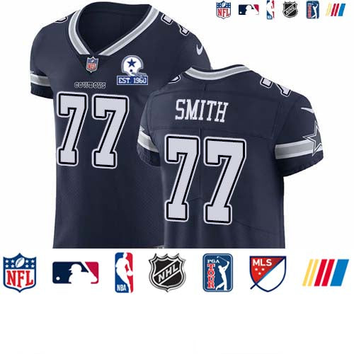 Custom Cowboys #77 Tyron Smith Navy Blue Team Color Men’s Stitched With Established In 1960 Patch NFL Vapor Untouchable Elite Jersey