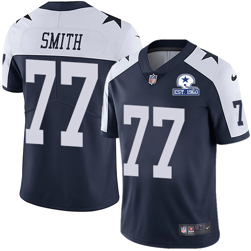 Custom Cowboys #77 Tyron Smith Navy Blue Thanksgiving Men’s Stitched With Established In 1960 Patch NFL Vapor Untouchable Limited Throwback Jersey
