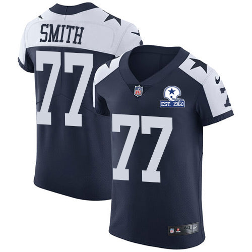 Custom Cowboys #77 Tyron Smith Navy Blue Thanksgiving Men’s Stitched With Established In 1960 Patch NFL Vapor Untouchable Throwback Elite Jersey
