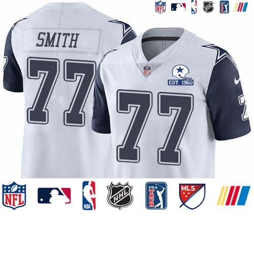 Custom Cowboys #77 Tyron Smith White Men’s Stitched With Established In 1960 Patch NFL Limited Rush Jersey