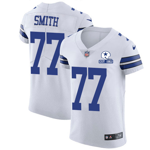Custom Cowboys #77 Tyron Smith White Men’s Stitched With Established In 1960 Patch NFL New Elite Jersey