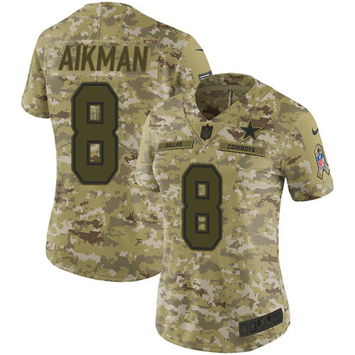 Custom Cowboys #8 Troy Aikman Camo Women’s Stitched NFL Limited 2018 Salute to Service Jersey
