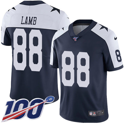 Custom Cowboys #88 CeeDee Lamb Navy Blue Thanksgiving Men’s Stitched NFL 100th Season Vapor Throwback Limited Jersey