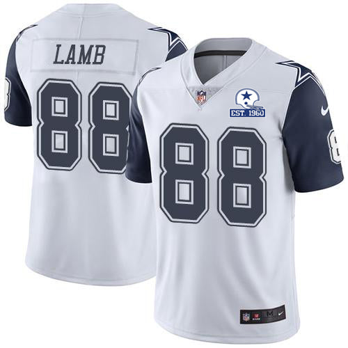 Custom Cowboys #88 CeeDee Lamb White Men’s Stitched With Established In 1960 Patch NFL Limited Rush Jersey