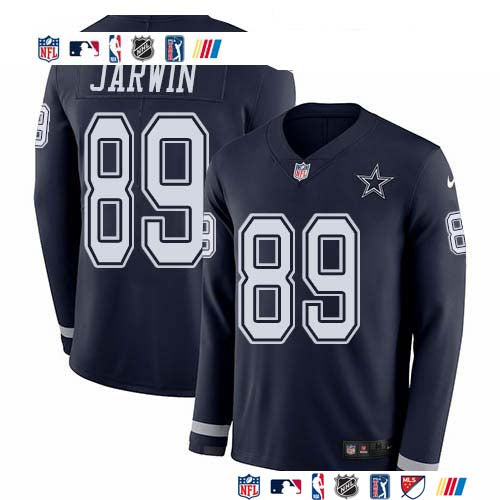 Custom Cowboys #89 Blake Jarwin Navy Blue Team Color Men’s Stitched NFL Limited Therma Long Sleeve Jersey