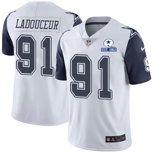 Custom Cowboys #91 L.P. Ladouceur White Men’s Stitched With Established In 1960 Patch NFL Limited Rush Jersey