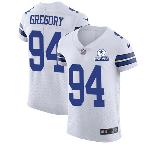 Custom Cowboys #94 Randy Gregory White Men’s Stitched With Established In 1960 Patch NFL New Elite Jersey