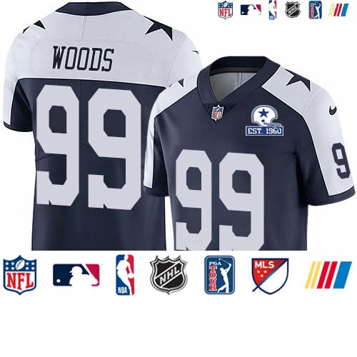 Custom Cowboys #99 Antwaun Woods Navy Blue Thanksgiving Men’s Stitched With Established In 1960 Patch NFL Vapor Untouchable Limited Throwback Jersey