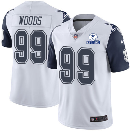 Custom Cowboys #99 Antwaun Woods White Men’s Stitched With Established In 1960 Patch NFL Limited Rush Jersey