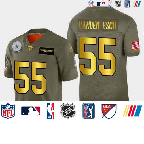 Custom Cowboys 55 Leighton Vander Esch 2019 Olive Gold Salute To Service 100th Season Limited Jersey