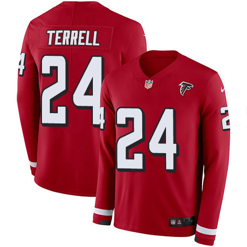 Custom Falcons #24 A.J. Terrell Red Team Color Men’s Stitched NFL Limited Therma Long Sleeve Jersey
