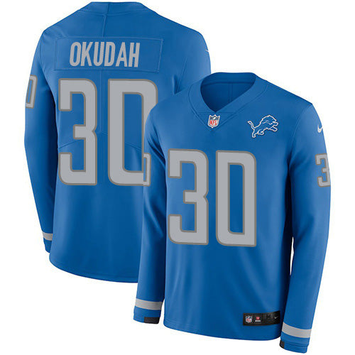 Custom Lions #30 Jeff Okudah Blue Team Color Men’s Stitched NFL Limited Therma Long Sleeve Jersey