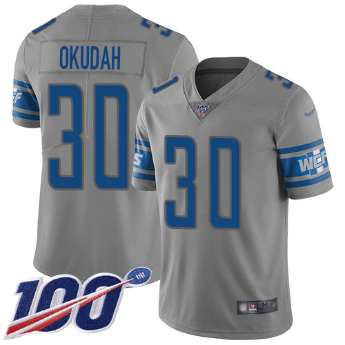 Custom Lions #30 Jeff Okudah Gray Men’s Stitched NFL Limited Inverted Legend 100th Season Jersey